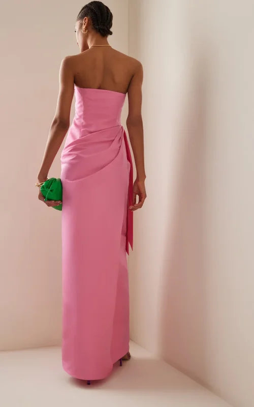 Vestido formal con hombros descubiertos, plisado, elegante, rosa, sin tirantes, largo, adelgazante, para fiesta